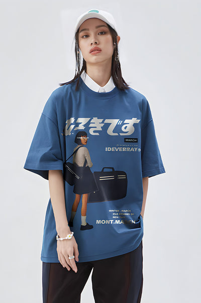 Oversized Harajuku Girl Blue Graphic Tee - The Beluga Tee