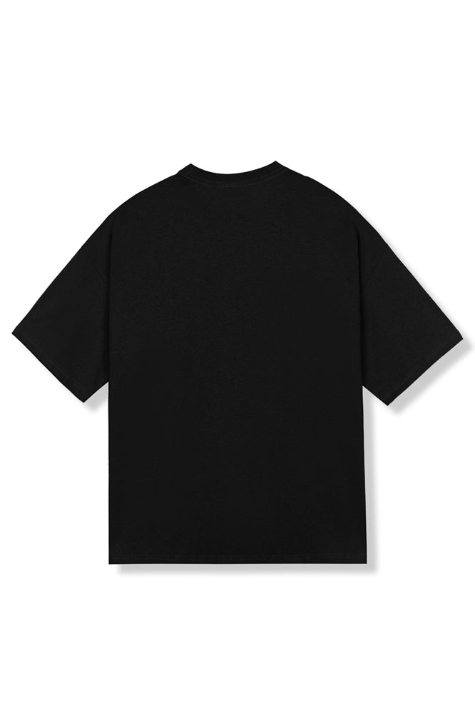 Black Crew Neck Loose T-Shirt Printed Bull and Jade Wall