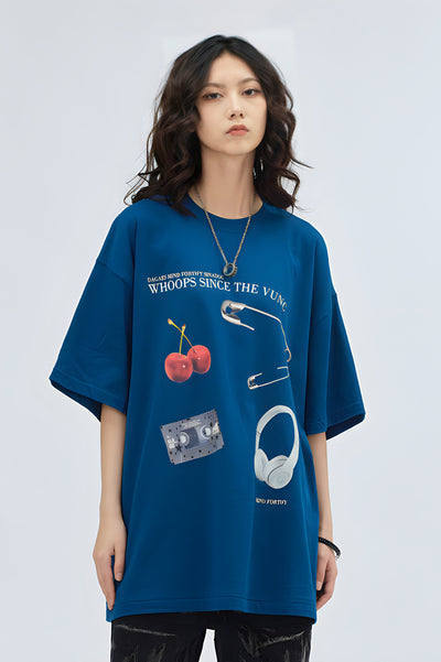 Oversized Cherry Headphones Blue Graphic Tee - The Beluga Tee