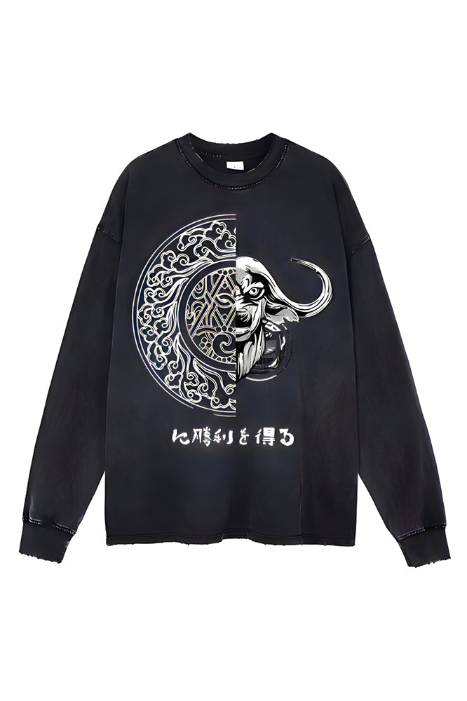 round Print Black Graphic Cow and jade wall Pullover